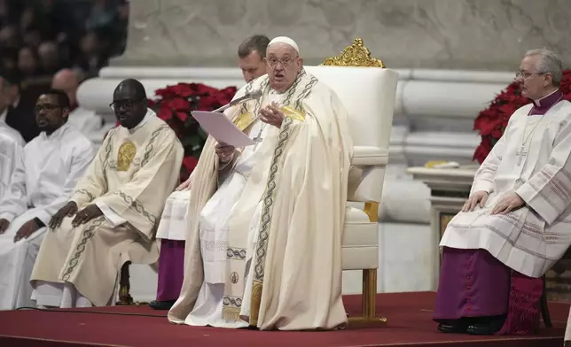 Pope Francis delivers his homily during a mass in St. Peter's Basilica at The Vatican on New Year's Day, Wednesday, Jan. 1, 2025. (AP Photo/Andrew Medichini)