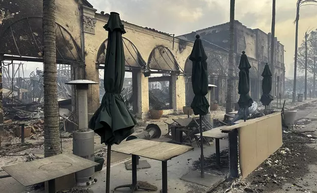 Fire ravaged businesses are seen after the Palisades Fire swept though in the Pacific Palisades neighborhood of Los Angeles, Wednesday, Jan. 8, 2025. (AP Photo/Eugene Garcia)