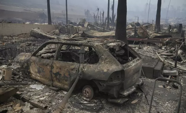 The Palisades Fire ravages a neighborhood amid high winds in the Pacific Palisades neighborhood of Los Angeles, Wednesday, Jan. 8, 2025. (AP Photo/Damian Dovarganes)