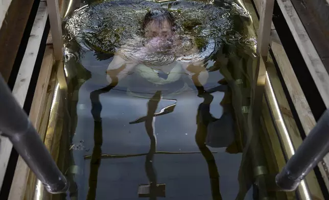 A woman plunge as a cross is reflected in icy water celebrating the Orthodox Epiphany in the Stroginskaya floodplain in Moscow, Russia, on Sunday, Jan. 19, 2025. (AP Photo/Alexander Zemlianichenko)