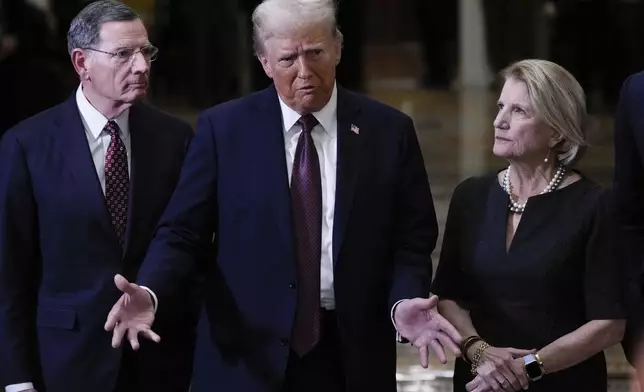 President-elect Donald Trump, flanked by Sen. John Barrasso, R-Wyo., left, and Sen. Shelley Moore Capito, R-W.Va., talks to reporters after a meeting with Republican leadership at the Capitol on Wednesday, Jan. 8, 2025, in Washington. (AP Photo/Steve Helber)