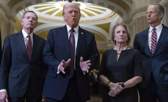 President-elect Donald Trump flanked by Sen. John Barrasso, R-Wyo., left, Sen. Shelley Moore Capito, R-W.Va., and Senate Majority Leader John Thune of S.D. talks to reporters after a meeting with Republican leadership at the Capitol on Wednesday, Jan. 8, 2025, in Washington. (AP Photo/Jose Luis Magana)