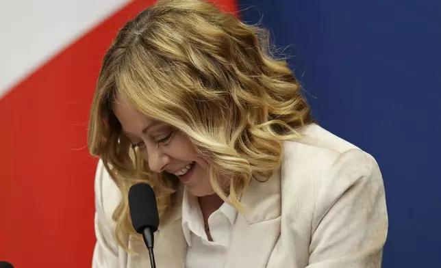 Italian Premier Giorgia Meloni holds the 2024 year-end press conference, in Rome, Thursday, Jan. 9, 2025. (AP Photo/Alessandra Tarantino)