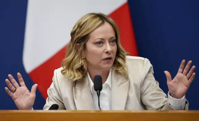 Italian Premier Giorgia Meloni holds the 2024 year-end press conference, in Rome, Thursday, Jan. 9, 2025. (AP Photo/Alessandra Tarantino)