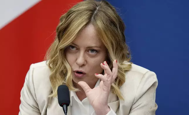 Italian Premier Giorgia Meloni holds the 2024 year-end press conference, in Rome, Thursday, Jan. 9, 2025. (AP Photo/Alessandra Tarantino)