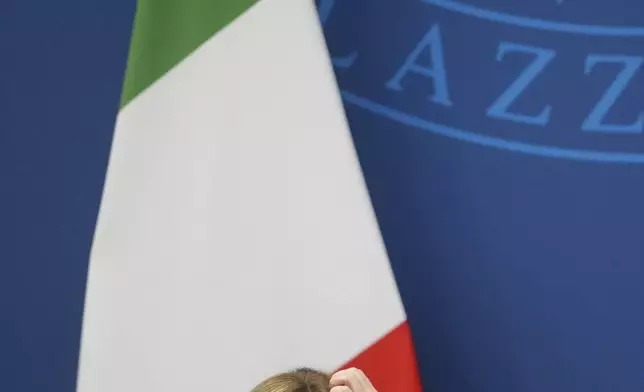 Italian Premier Giorgia Meloni holds the 2024 year-end press conference, in Rome, Thursday, Jan. 9, 2025. (AP Photo/Alessandra Tarantino)