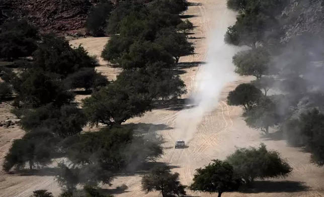 A driver steers his car during stage one of the Dakar Rally with start and finish in Bisha, Saudi Arabia, Saturday, Jan. 4, 2025. (AP Photo/Christophe Ena)