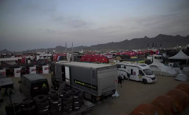 A general view of the base camp two day before the start of the Dakar Rally in Bisha, Saudi Arabia, Wednesday, Jan. 1, 2025. (AP Photo/Christophe Ena)