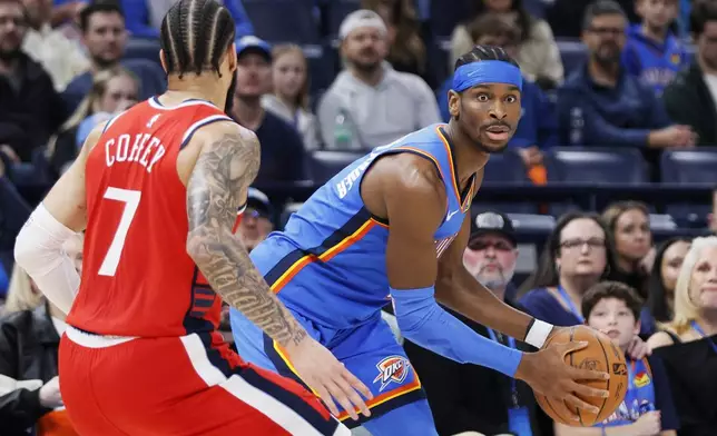 Oklahoma City Thunder guard Shai Gilgeous-Alexander, right, looks for an outlet as Los Angeles Clippers guard Amir Coffey (7) defends during the first half of an NBA basketball game Thursday, Jan. 2, 2025, in Oklahoma City. (AP Photo/Nate Billings)