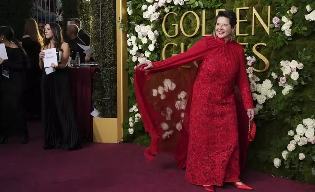 Isabella Rossellini arrives at the 82nd Golden Globes on Sunday, Jan. 5, 2025, at the Beverly Hilton in Beverly Hills, Calif. (Photo by Jordan Strauss/Invision/AP)