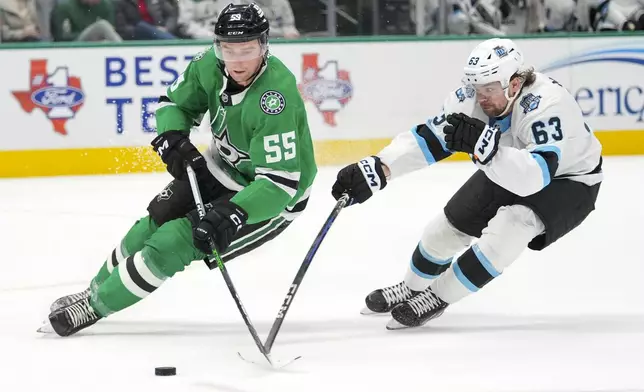 Dallas Stars defenseman Thomas Harley (55) skates against Utah Hockey Club left wing Matias Maccelli (63) during the second period of an NHL hockey game, Saturday, Jan. 4, 2025, in Dallas. (AP Photo/Julio Cortez)