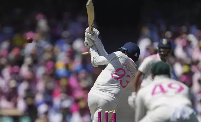 India's Jasprit Bumrah is out bowled during play on the third day of the fifth cricket test between India and Australia at the Sydney Cricket Ground, in Sydney, Australia, Sunday, Jan. 5, 2025. (AP Photo/Mark Baker)