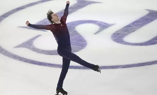 Nike Egadze of Georgia performs during the men's short program at the ISU European Figure Skating Championships in Tallinn, Estonia, Thursday, Jan. 30, 2025. (AP Photo/Sergei Grits)