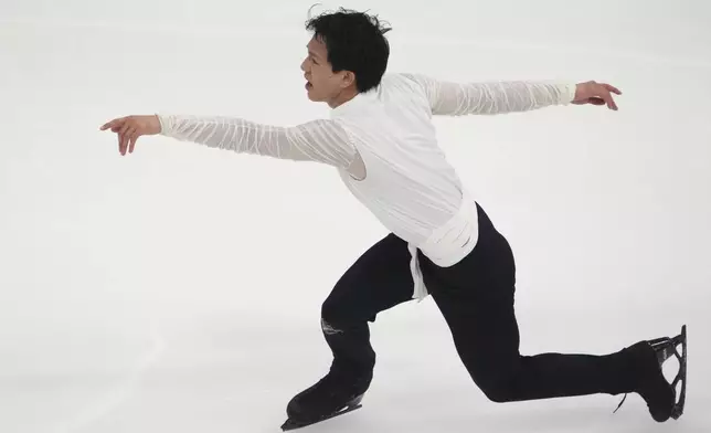 Adam Siao Him Fa of France performs during the men's short program at the ISU European Figure Skating Championships in Tallinn, Estonia, Thursday, Jan. 30, 2025. (AP Photo/Sergei Grits)