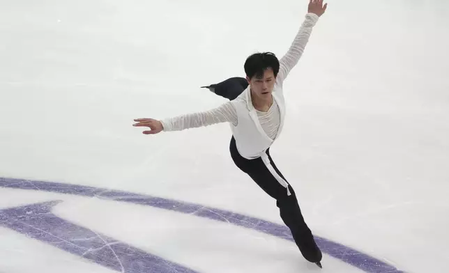 Adam Siao Him Fa of France performs during the men's short program at the ISU European Figure Skating Championships in Tallinn, Estonia, Thursday, Jan. 30, 2025. (AP Photo/Sergei Grits)