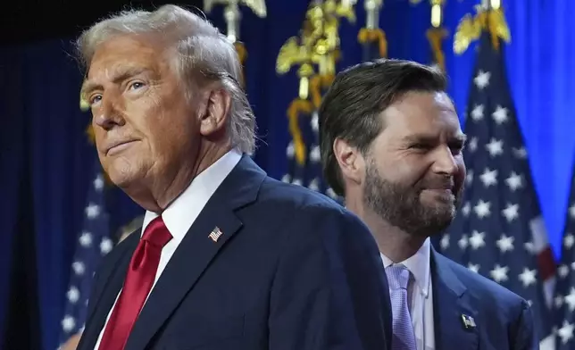 FILE - Republican presidential nominee former President Donald Trump, left, with Republican vice presidential nominee Sen. JD Vance, R-Ohio, right, are pictured at an election night watch party, Nov. 6, 2024, in West Palm Beach, Fla. (AP Photo/Evan Vucci, File)