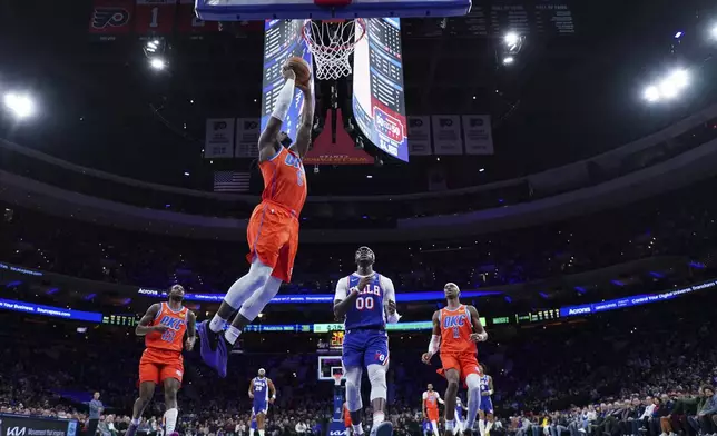 Oklahoma City Thunder's Luguentz Dort goes up for a dunk during the first half of an NBA basketball game against the Philadelphia 76ers, Tuesday, Jan. 14, 2025, in Philadelphia. (AP Photo/Matt Slocum)