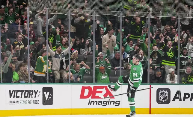 The crowd reacts after Dallas Stars center Roope Hintz (24) scored a second period goal during an NHL hokey game against the Ottawa Senators, Thursday, Jan. 2, 2025, in Dallas. (AP Photo/Julio Cortez)