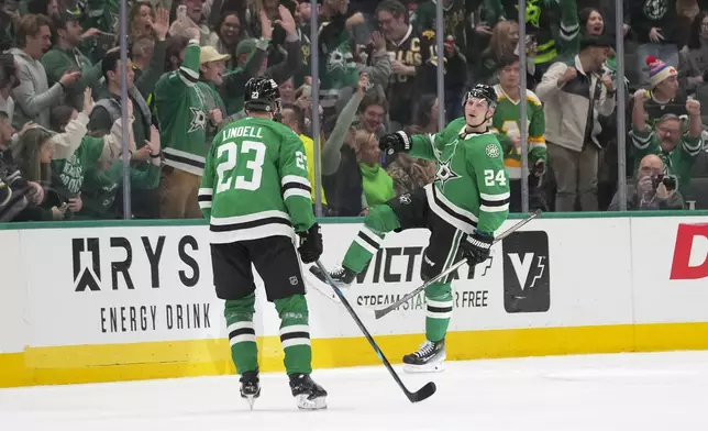 Dallas Stars center Roope Hintz (24) celebrates his second period goal with defenseman Esa Lindell (23) during an NHL hokey game against the Ottawa Senators, Thursday, Jan. 2, 2025, in Dallas. (AP Photo/Julio Cortez)