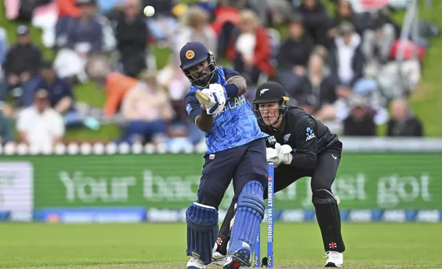 Sri Lanka's Janith Liyanage bats during the first ODI international cricket match between New Zealand and Sri Lanka at the Basin Reserve in Wellington, New Zealand Sunday, Jan. 5, 2025. (Kerry Marshall/Photosport via AP)