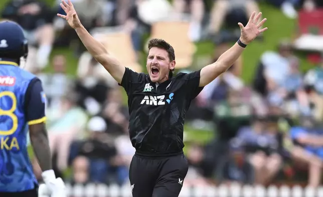 New Zealand's Nathan Smith appeals for the wicket of Sri Lanka's Charith Asalanka during the first ODI international cricket match between New Zealand and Sri Lanka at the Basin Reserve, Wellington, New Zealand. Sunday, Jan. 5, 2025. (Kerry Marshall/Photosport via AP)