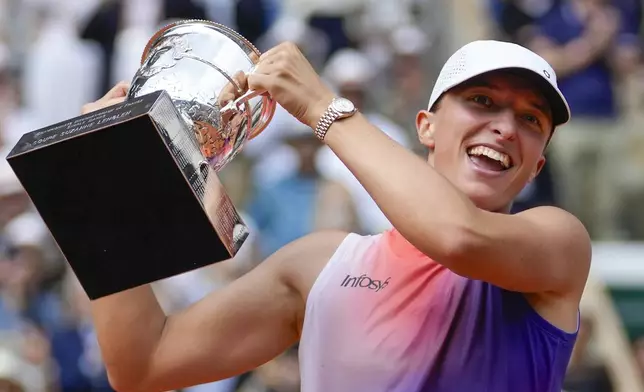 FILE - Poland's Iga Swiatek holds the trophy after winning the women's final of the French Open tennis tournament against Italy's Jasmine Paolini at the Roland Garros stadium in Paris, France, June 8, 2024. (AP Photo/Thibault Camus, File)