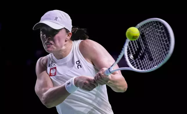 FILE - Poland's Iga Swiatek returns the ball against Linda Noskova of the Czech Republic during the Billie Jean King Cup Finals, at the Martin Carpena Sports Hall, in Malaga, southern Spain, Nov. 16, 2024. (AP Photo/Manu Fernandez, File)