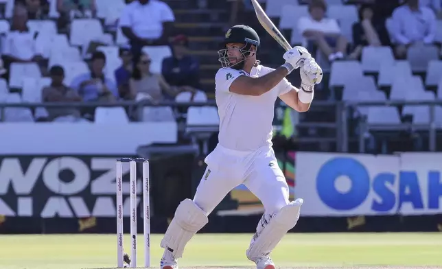 South Africa's Aiden Markram in action during the fourth day of the second test match between South Africa and Pakistan in Cape Town, South Africa, Monday, Jan. 6, 2025. (AP Photo/Halden Krog)