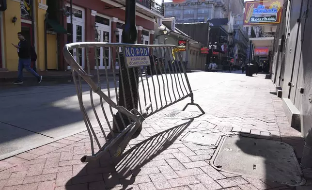 FILE - The barricade that Shamsud-Din Jabbar hit with his truck while driving into a crowd on New Year's Day is seen on Bourbon Street, Thursday, Jan. 2, 2025, in New Orleans. (AP Photo/George Walker IV, File)