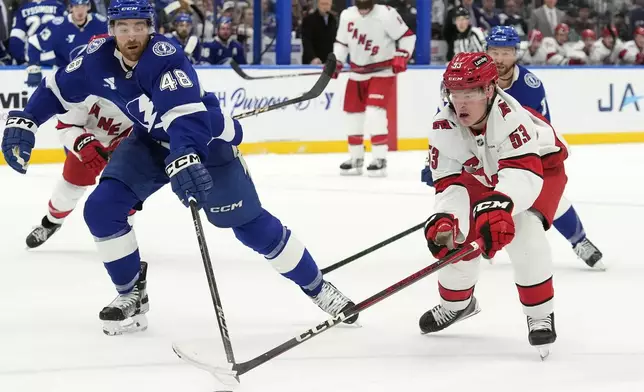 Tampa Bay Lightning defenseman Nick Perbix (48) knocks the puck away from Carolina Hurricanes right wing Jackson Blake (53) during the first period of an NHL hockey game Tuesday, Jan. 7, 2025, in Tampa, Fla. (AP Photo/Chris O'Meara)