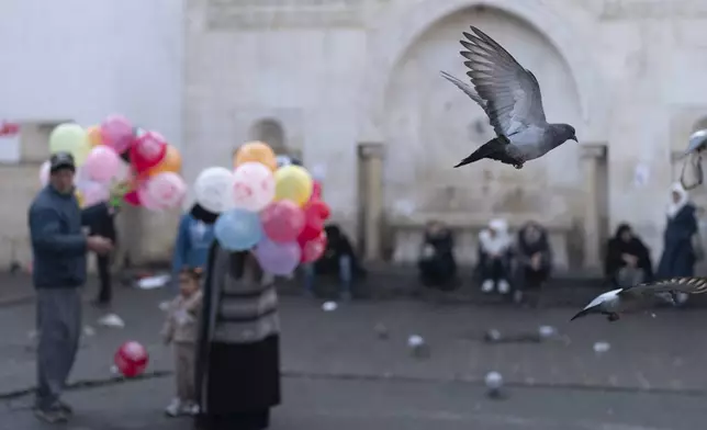 Pigeons fly by as a vendor sells balloons near Al-Hamidiyeh Souq on New Years Eve, in Damascus, Syria, Tuesday, Dec. 31, 2024. (AP Photo/Mosa'ab Elshamy)