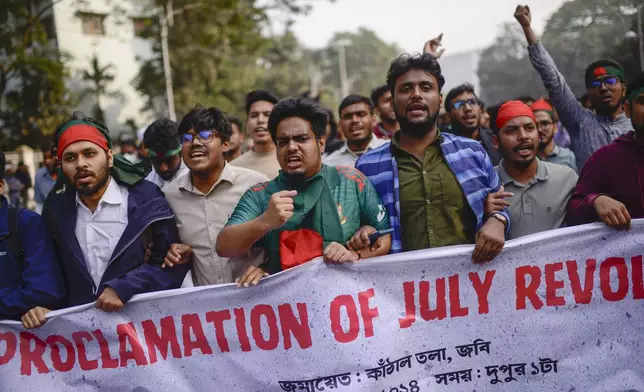 Participants, mostly students, shout slogans during "March for Unity" organized by The Anti-Discrimination Student Movement at the Central Shaheed Minar, a national monument, in Dhaka, Bangladesh, Tuesday, Dec. 31, 2024. (AP Photo/Mahmud Hossain Opu)