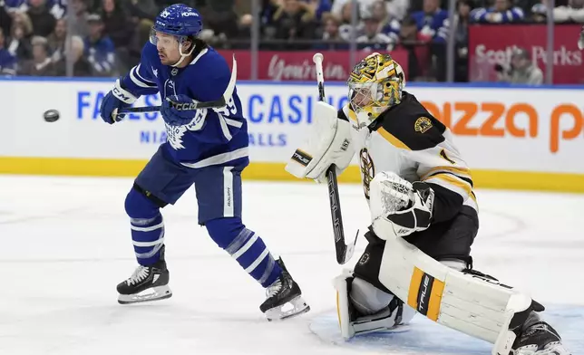 Toronto Maple Leafs left wing Nicholas Robertson (89) watches for the deflection on Boston Bruins goalie Jeremy Swayman (1) during the second period of an NHL hockey game in Toronto, Saturday, Jan. 4, 2025. (Frank Gunn/The Canadian Press via AP)