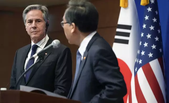 U.S. Secretary of State Antony Blinken, left, and South Korean Foreign Minister Cho Tae-yul, right, attend a joint press conference following their meeting at the Foreign Ministry in Seoul, South Korea, Monday, Jan. 6, 2025. (AP Photo/Lee Jin-man, Pool)