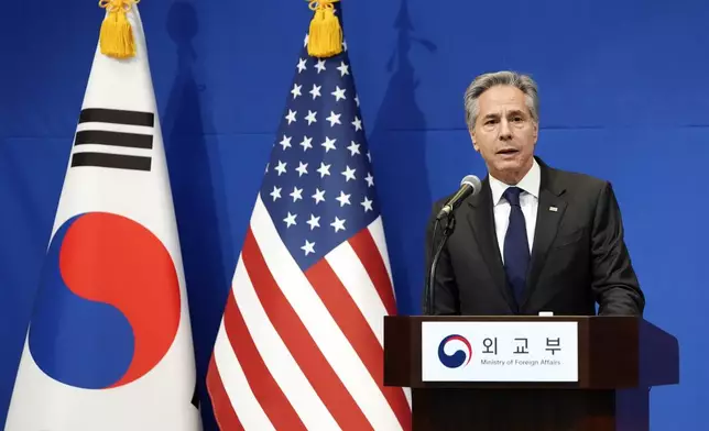 U.S. Secretary of State Antony Blinken speaks during a joint press conference following the meeting with South Korean Foreign Minister Cho Tae-yul, at the Foreign Ministry in Seoul, South Korea, Monday, Jan. 6, 2025. (AP Photo/Lee Jin-man, Pool)