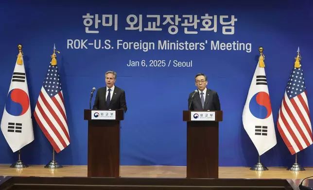 U.S. Secretary of State Antony Blinken, left, and South Korean Foreign Minister Cho Tae-yul, right, attend a joint press conference following their meeting at the Foreign Ministry in Seoul, South Korea, Monday, Jan. 6, 2025. (AP Photo/Lee Jin-man, Pool)