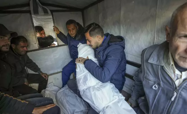 Mohammad Eid carries the body of one of his three relatives killed on Saturday in an Israeli airstrike, as they are prepared for the funeral in Deir al-Balah, central Gaza Strip, Sunday, Jan. 12, 2025. (AP Photo/Abdel Kareem Hana)
