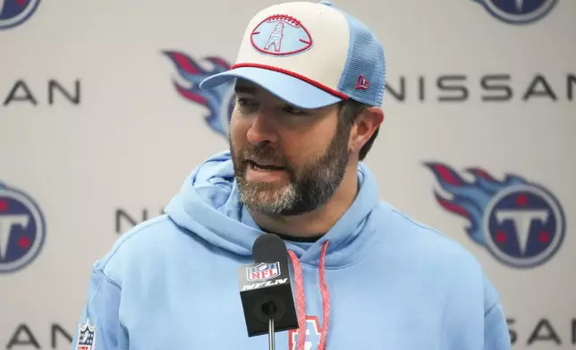 Tennessee Titans head coach Brian Callahan speaks during a news conference after an NFL football game against the Houston Texans, Sunday, Jan. 5, 2025, in Nashville, Tenn. (AP Photo/George Walker IV)