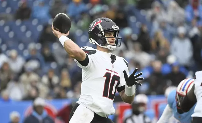 Houston Texans quarterback Davis Mills (10) throws a pass against the Tennessee Titans during the first half of an NFL football game Sunday, Jan. 5, 2025, in Nashville, Tenn. (AP Photo/John Amis)