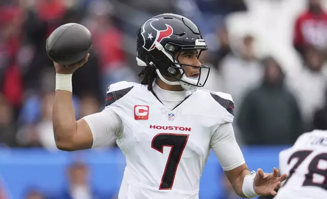 Houston Texans quarterback C.J. Stroud throws a pass against the Tennessee Titans during the first half of an NFL football game Sunday, Jan. 5, 2025, in Nashville, Tenn. (AP Photo/George Walker IV)