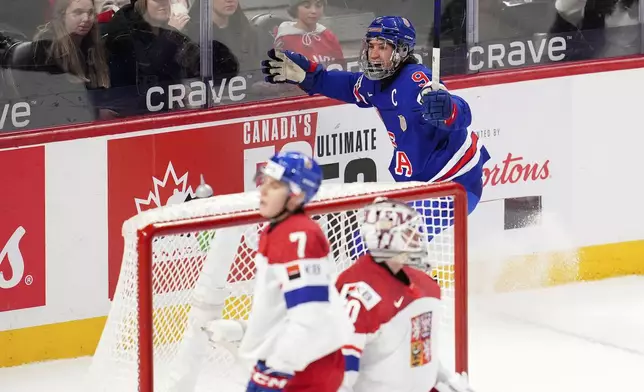 United States forward Ryan Leonard (9) celebrates after his goal against Czechia during third-period World Junior hockey championship semifinal game action in Ottawa, Ontario, Saturday, Jan. 4, 2025. (Sean Kilpatrick/The Canadian Press via AP)