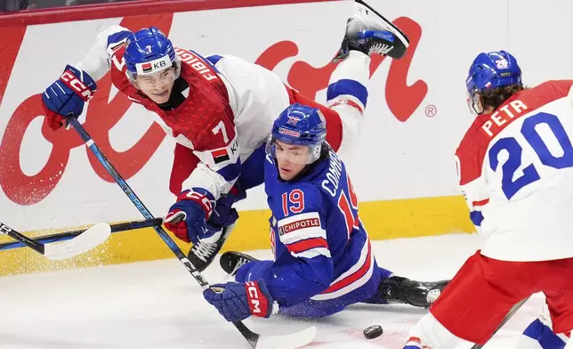 Czechia defenseman Jakub Fibigr (7) is hit by United States forward Trevor Connelly (19) during third-period World Junior hockey championship semifinal game action in Ottawa, Ontario, Saturday, Jan. 4, 2025. (Sean Kilpatrick/The Canadian Press via AP)