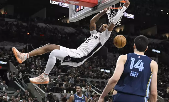 San Antonio Spurs' Stephon Castle (5) hangs from the rim after dunking against Memphis Grizzlies' Zach Edey (14) during the first half of an NBA basketball game, Friday, Jan. 17, 2025, in San Antonio. (AP Photo/Darren Abate)
