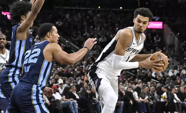 San Antonio Spurs' Victor Wembanyama (1) drives against Memphis Grizzlies' Desmond Bane (22) and Jaylen Wells during the first half of an NBA basketball game, Friday, Jan. 17, 2025, in San Antonio. (AP Photo/Darren Abate)