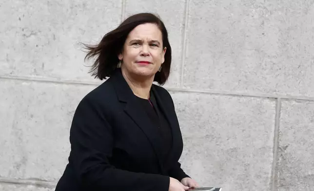 President of Sinn Fein Mary Louise McDonald arrives at Leinster House ahead of the election of Fianna Fail's Micheal Martin for Prime Minister in Dublin, Wednesday, Jan. 22, 2025.(AP Photo/Peter Morrison)