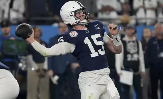 Penn State quarterback Drew Allar (15) throws against Boise State during the first half of tthe Fiesta Bowl College Football Playoff game, Tuesday, Dec. 31, 2024, in Glendale, Ariz. (AP Photo/Rick Scuteri)