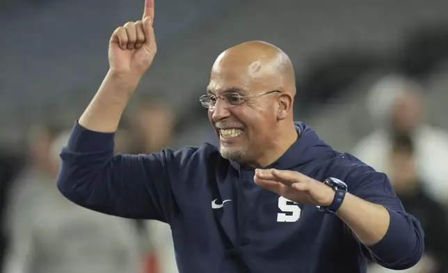 Penn State head coach James Franklin celebrates after the Fiesta Bowl College Football Playoff game against Boise State, Tuesday, Dec. 31, 2024, in Glendale, Ariz. (AP Photo/Ross D. Franklin)