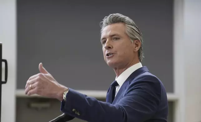 California Gov. Gavin Newsom outlines his proposed 2025-2026 $322 billion state budget during a news conference at California State University, Stanislaus in Turlock, Calif., Monday, Jan. 6,2025. (AP Photo/Rich Pedroncelli)