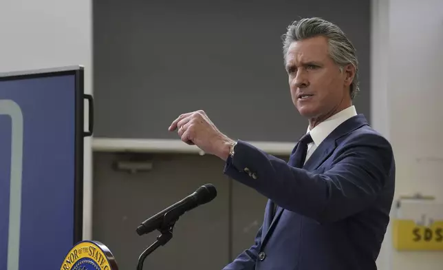 California Gov. Gavin Newsom outlines his proposed 2025-2026 $322 billion state budget during a news conference at California State University, Stanislaus in Turlock, Calif., Monday, Jan. 6, 2025. (AP Photo/Rich Pedroncelli)