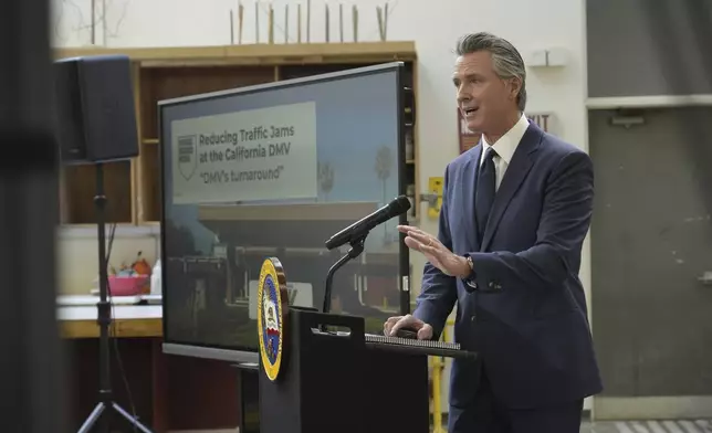 California Gov. Gavin Newsom outlines his proposed 2025-2026 $322 billion state budget during a news conference at California State University, Stanislaus in Turlock, Calif., Monday, Jan. 6, 2025. (AP Photo/Rich Pedroncelli)